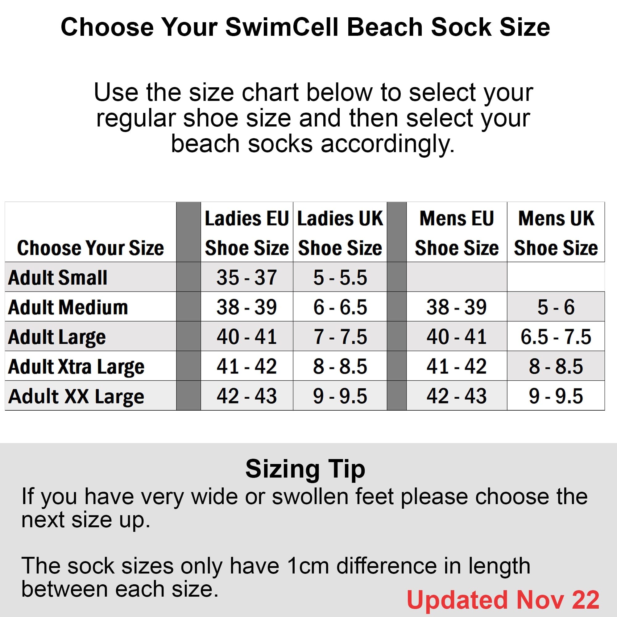 SwimCell swimming sock low cut size chart