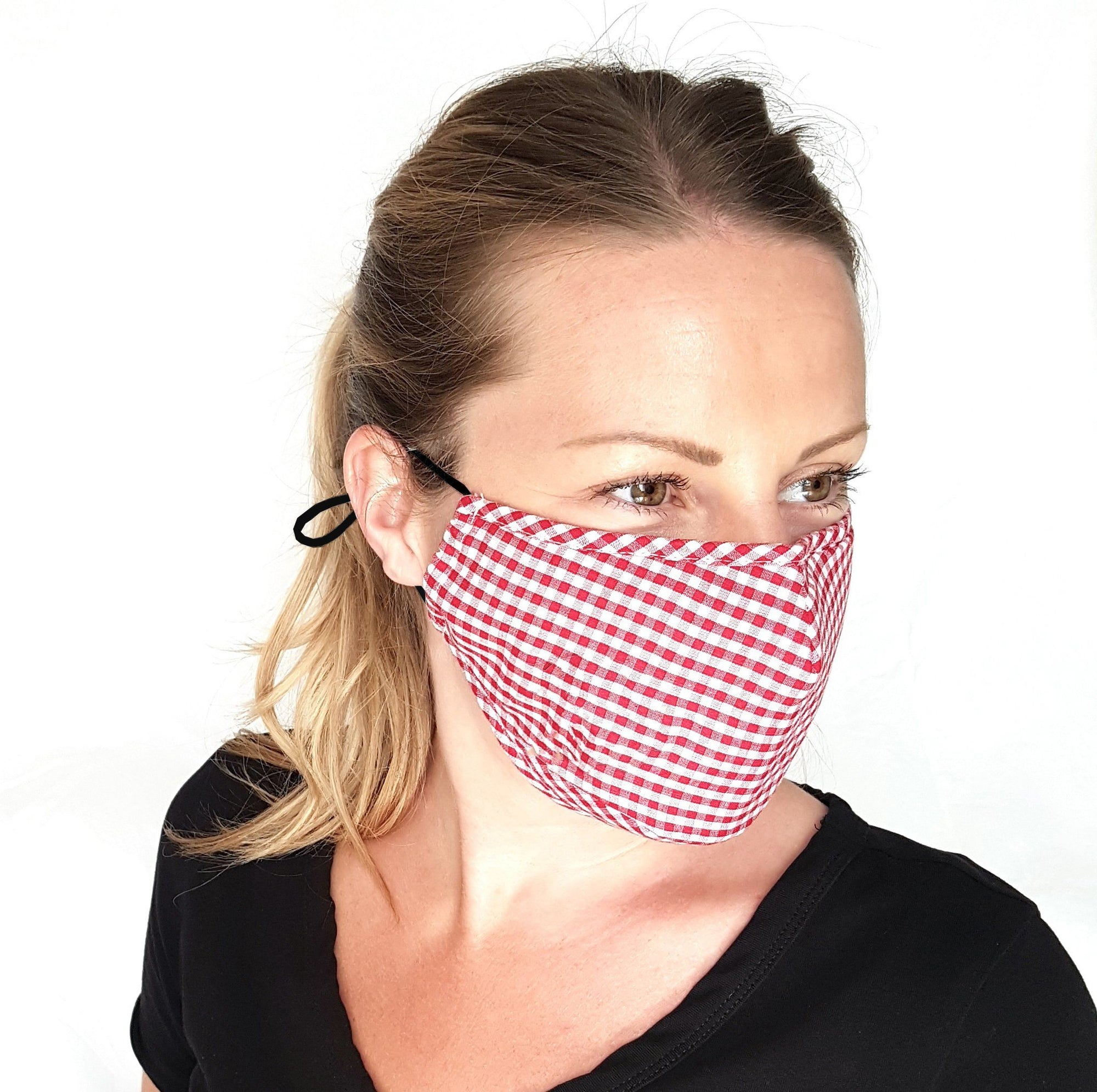 Red Gingham Face Mask 3 Layers Cotton Pocket
