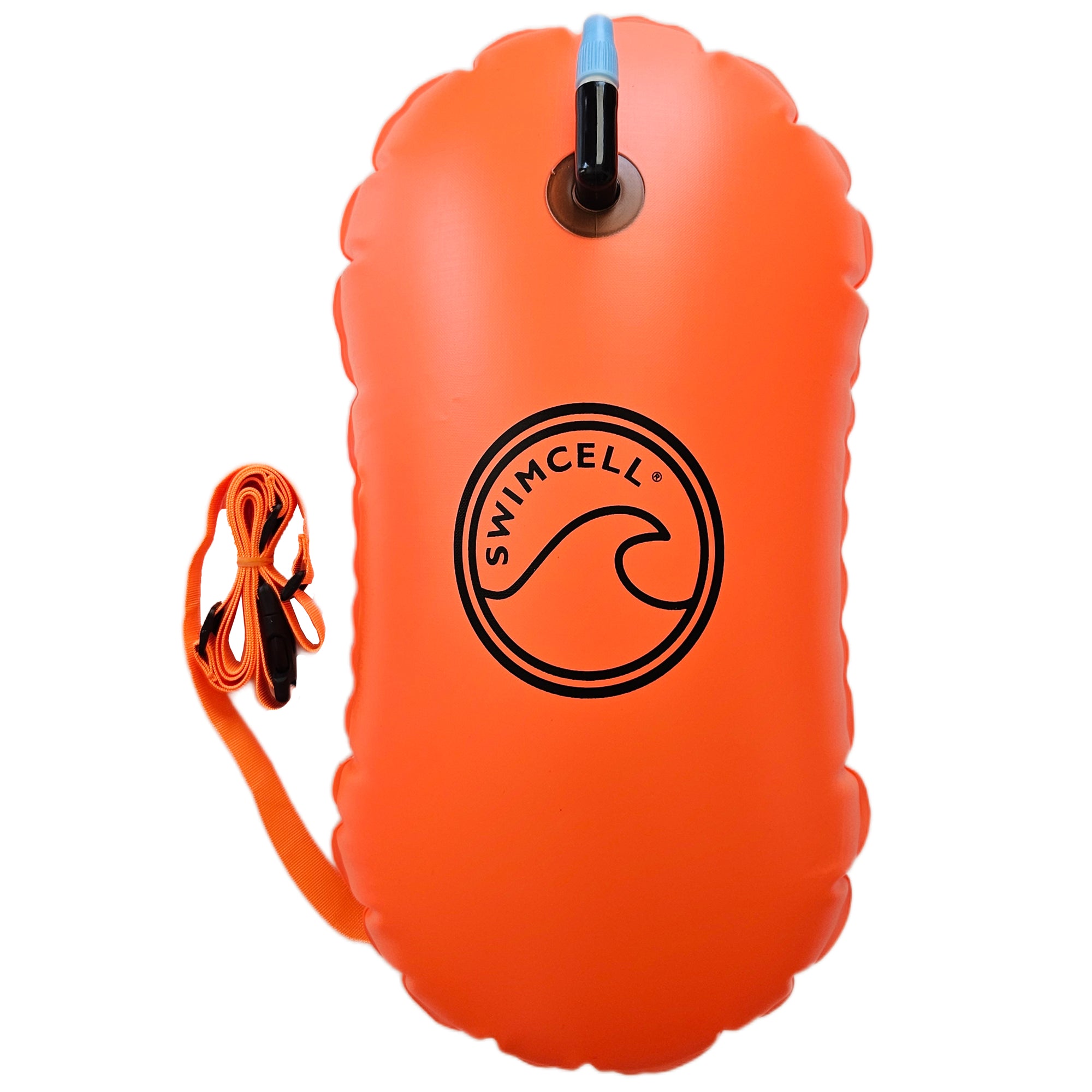 Orange inflatable swim bouy with a strap and 'SwimCell' logo on a white background