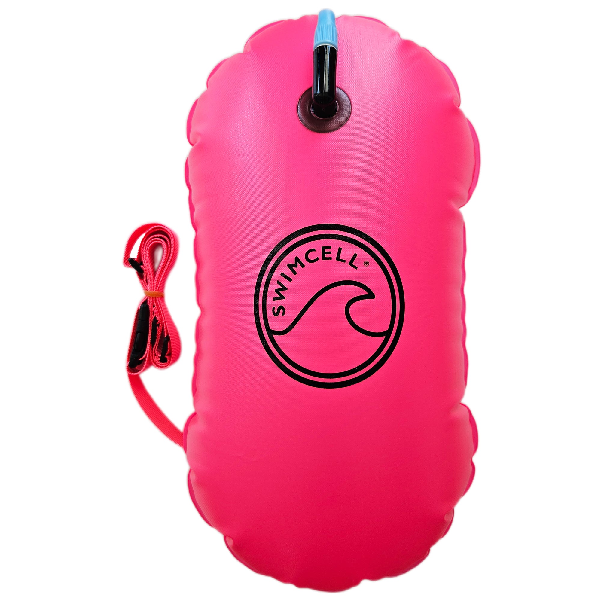 Pink inflatable pool float with a strap and 'Swimcell' logo on a white background