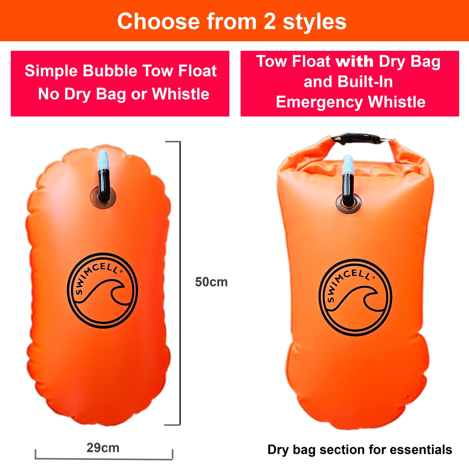 Orange and pink tow float swim bouy with built in whistle