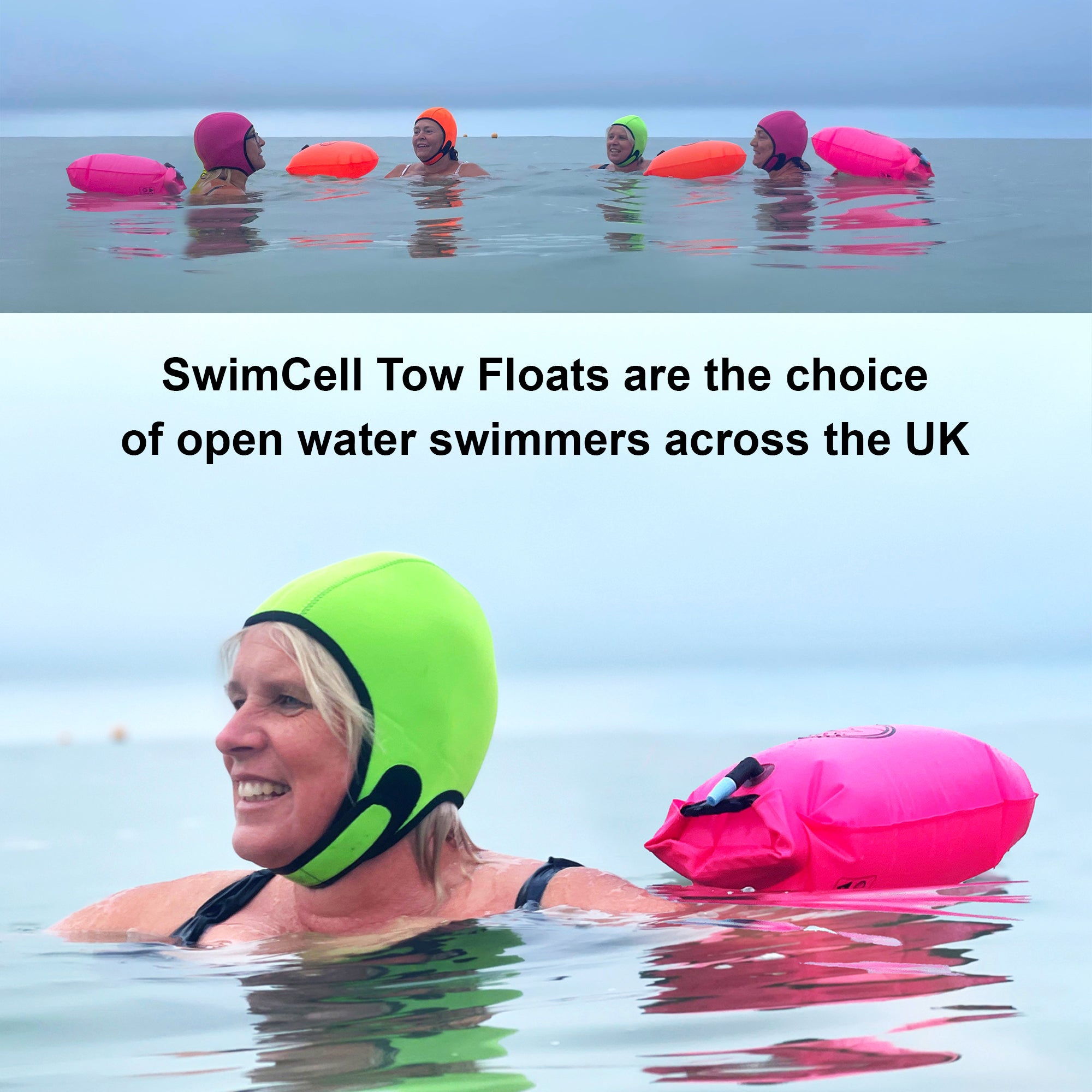 People swimming in water with SwimCell Tow Floats and a message about their popularity for open water swimming