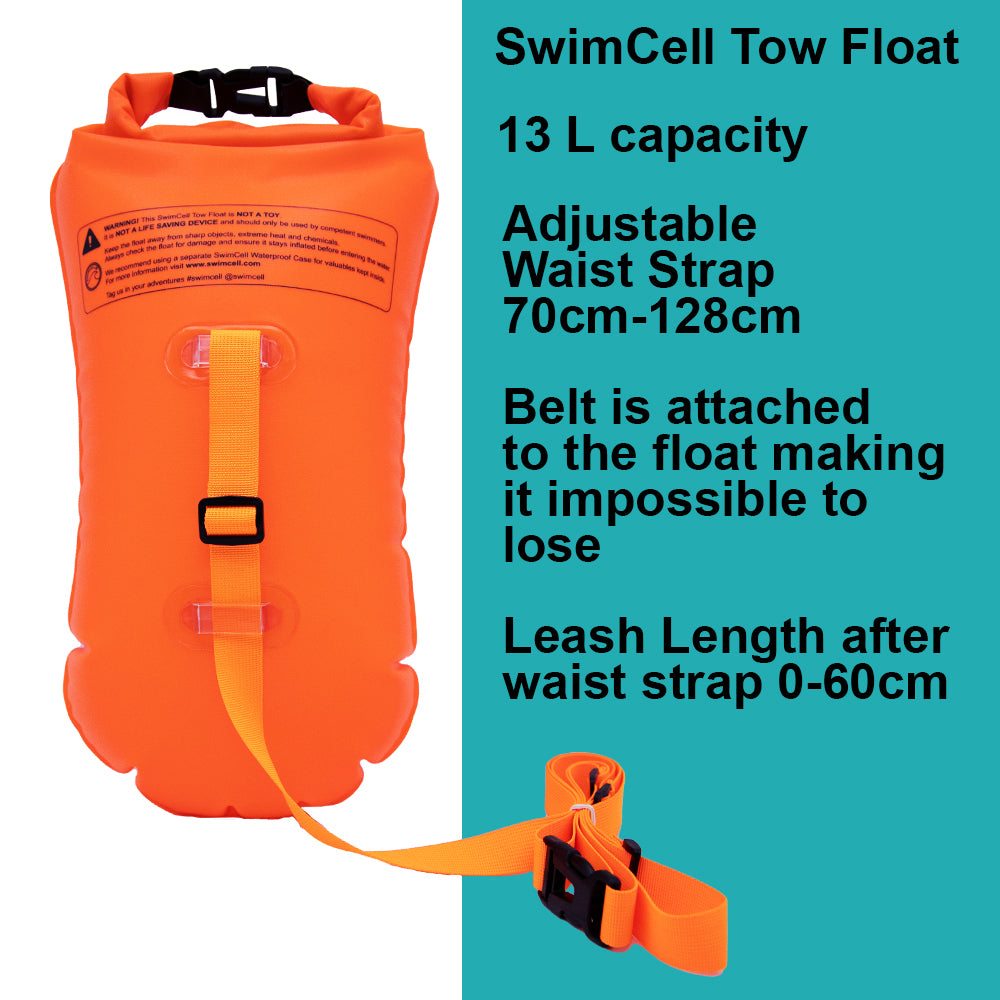 Orange swimcell tow float with features listed on a blue background