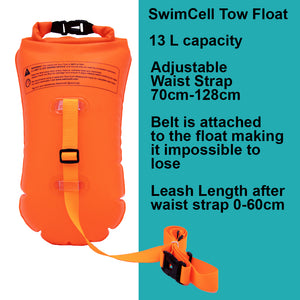 Orange swimcell tow float with features listed on a blue background