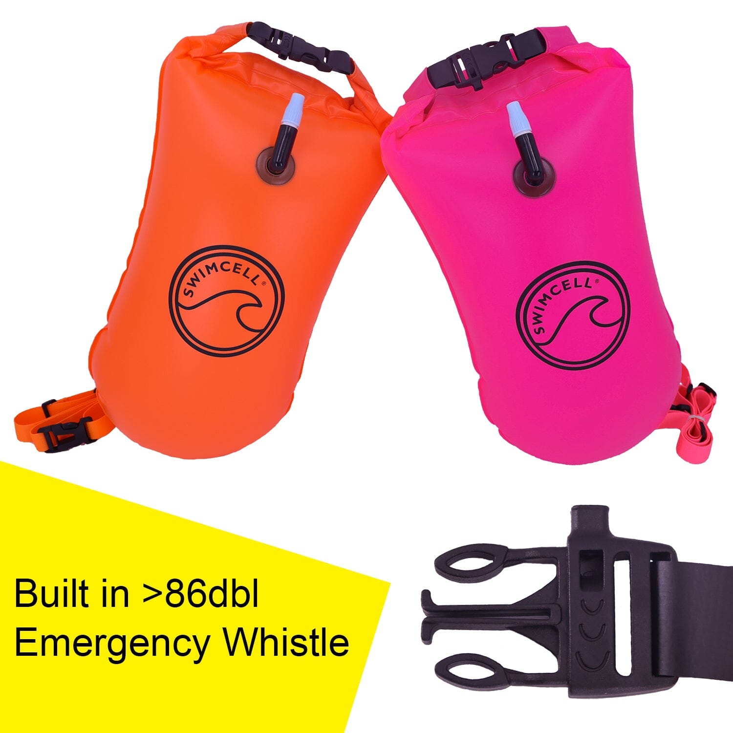 Orange and pink tow float swim bouy with built in whistle