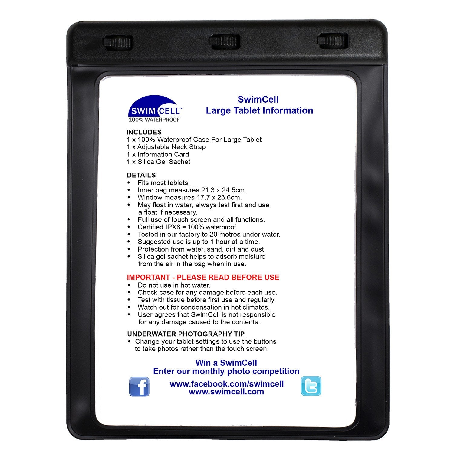 SwimCell Large Tablet waterproof case black with instructions