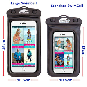 SwimCell Large and Standard waterproof phone case size guide