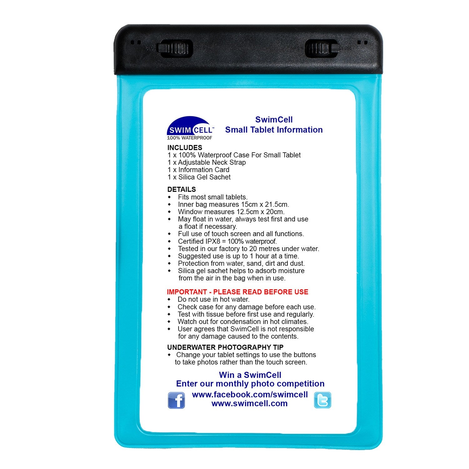 SwimCell Small Blue Tablet waterproof case with instructions