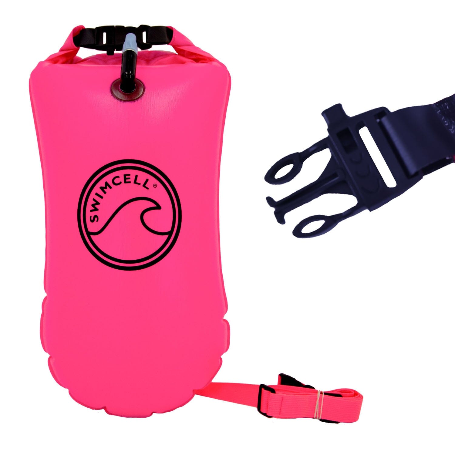 Pink tow float for swimming with emergency whislte