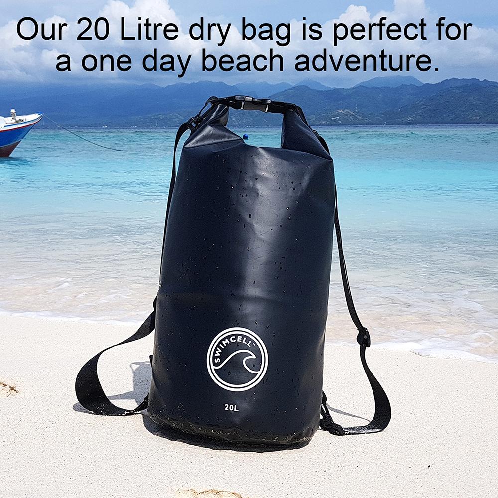 SwimCell waterproof dry bag on the beach 