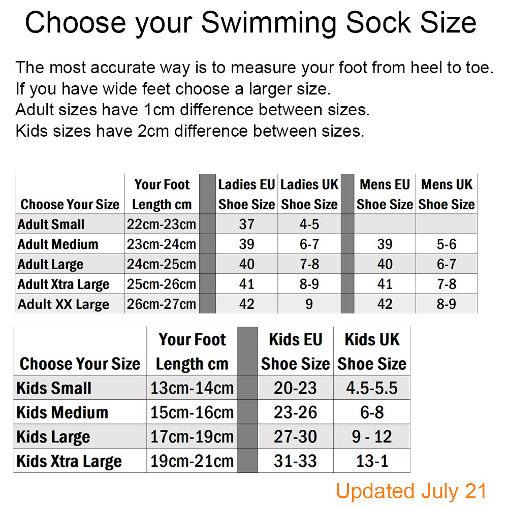 swimming socks size chart